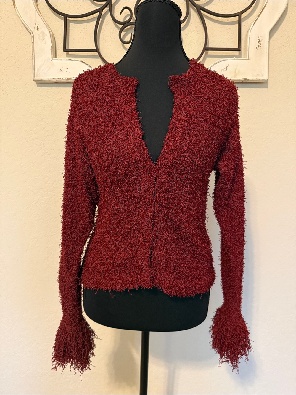 Zara Fringed Knit Cardigan in Dark Burgundy
